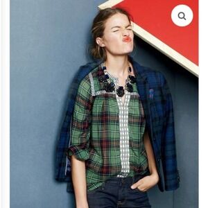 J.Crew Green Plaid Madras Peasant Top Cotton Flowy Split Neck Sz 6 Cottagecore